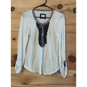 Anthropologie Women's Ruffle Front Henley Top Paisley print. Roll tab sleeve. SM